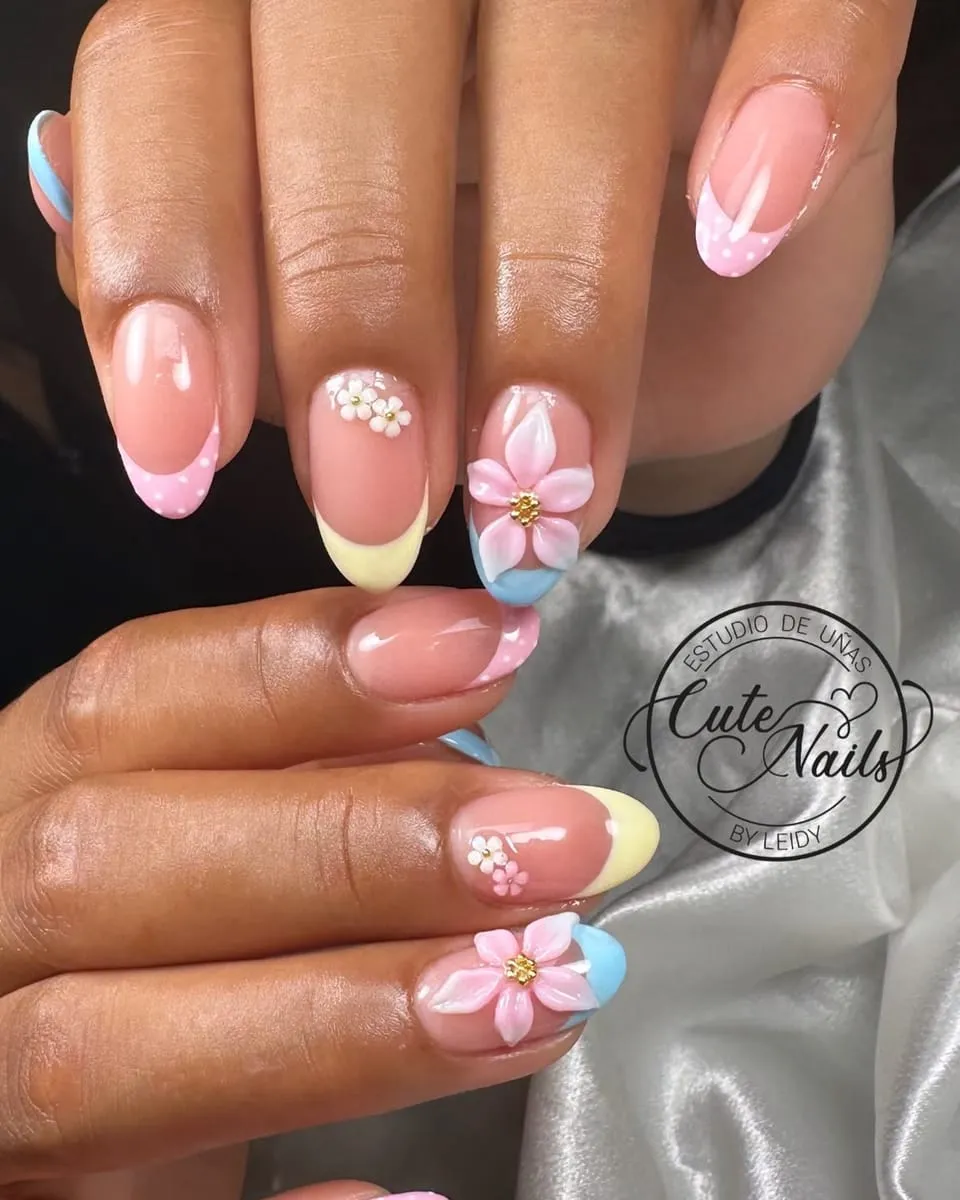 Pastel French tips with 3D flowers