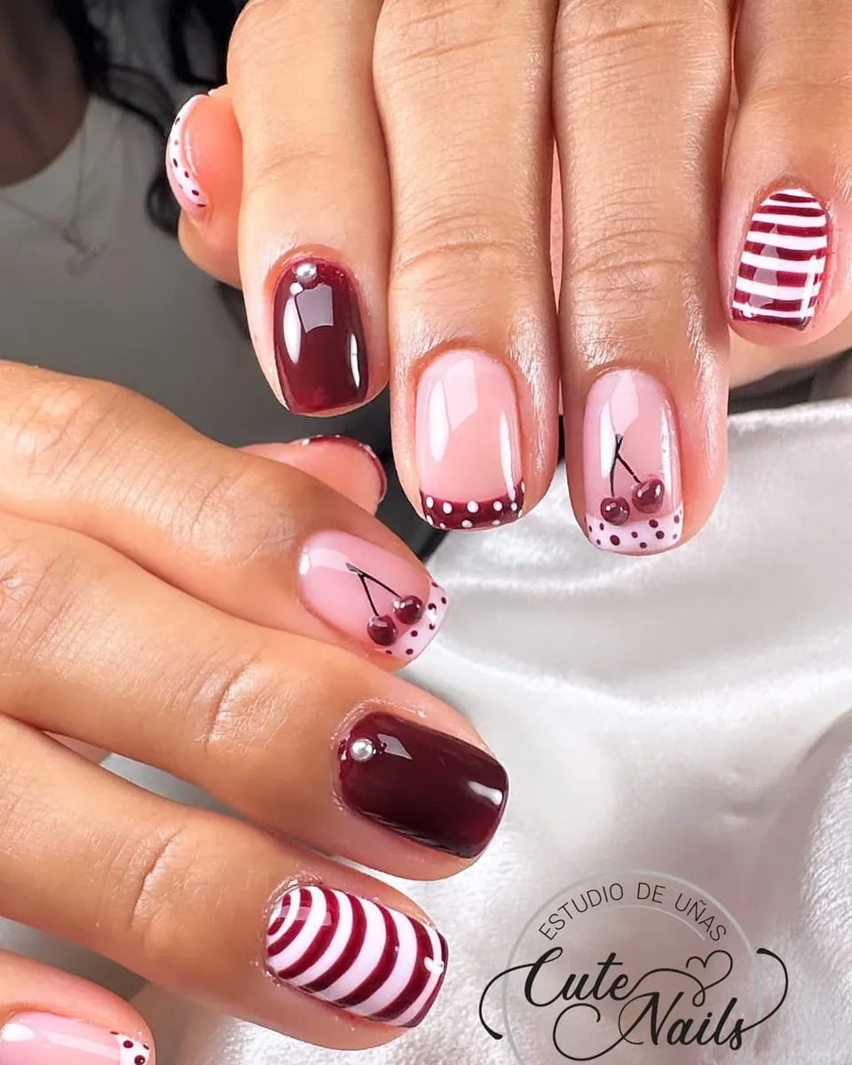 Burgundy set with cherries and candy-cane stripes