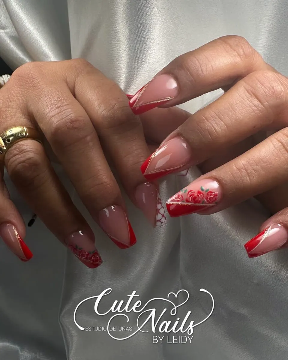 Long coffin nails with red French tips and roses