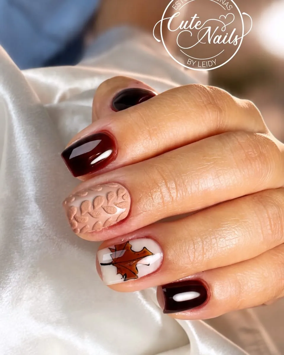 Fall set: burgundy, sweater texture and a maple leaf