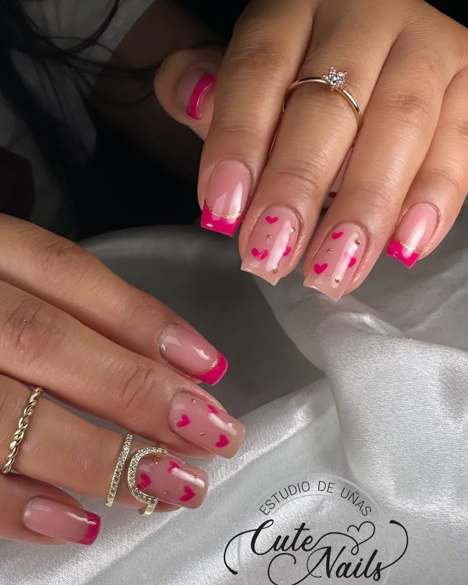 Hot pink French tips with little hearts